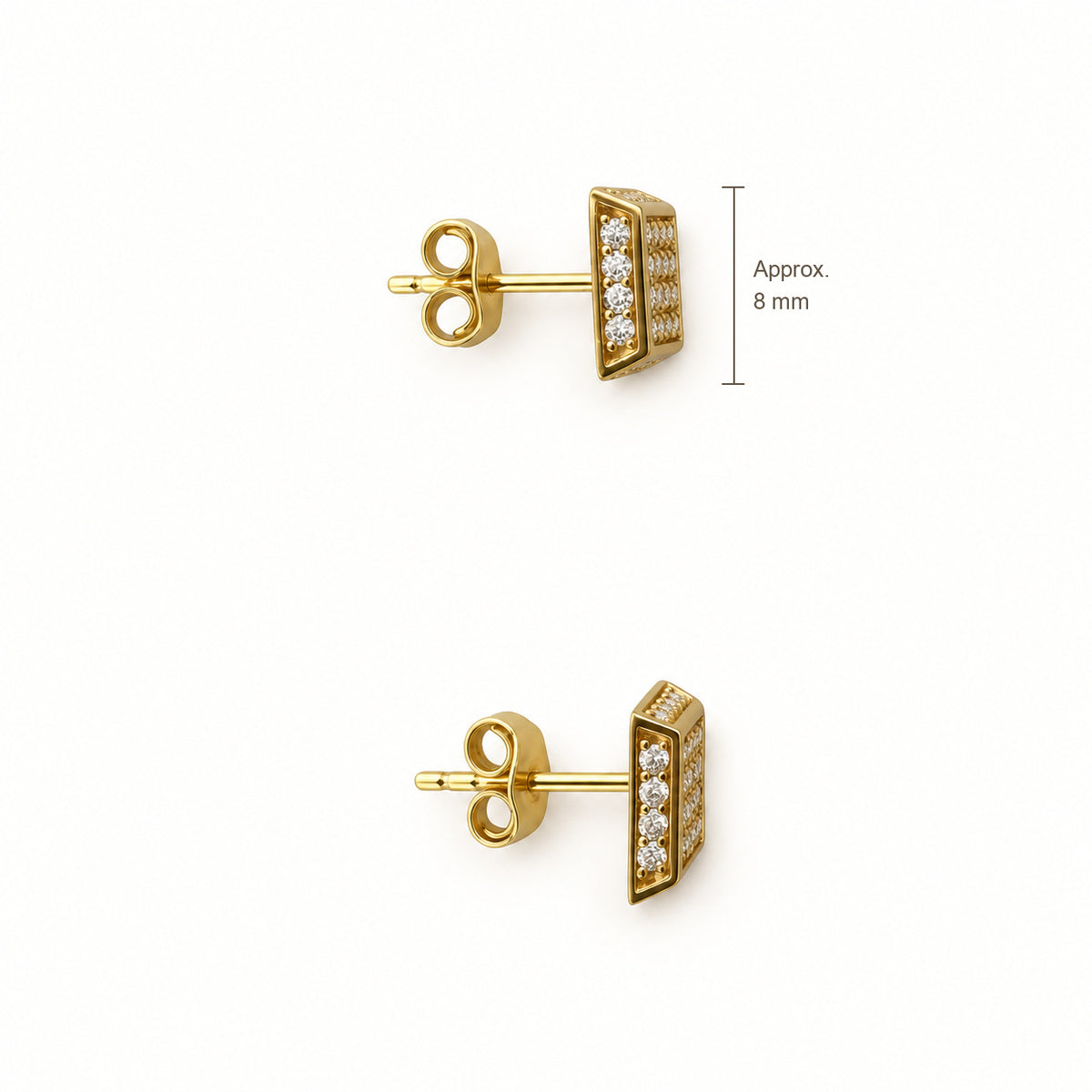 14K Gold Square CZ Cluster Stud Earrings — top, approximate size reference