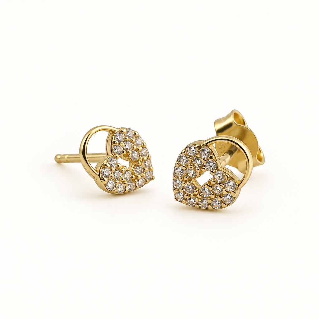 14K Gold Open Heart CZ Stud Earrings — front