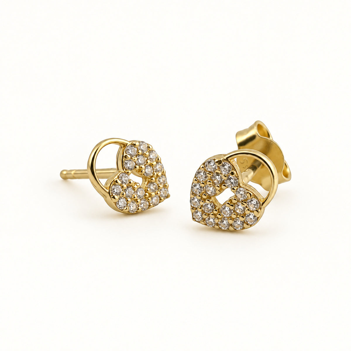 14K Gold Open Heart CZ Stud Earrings — front