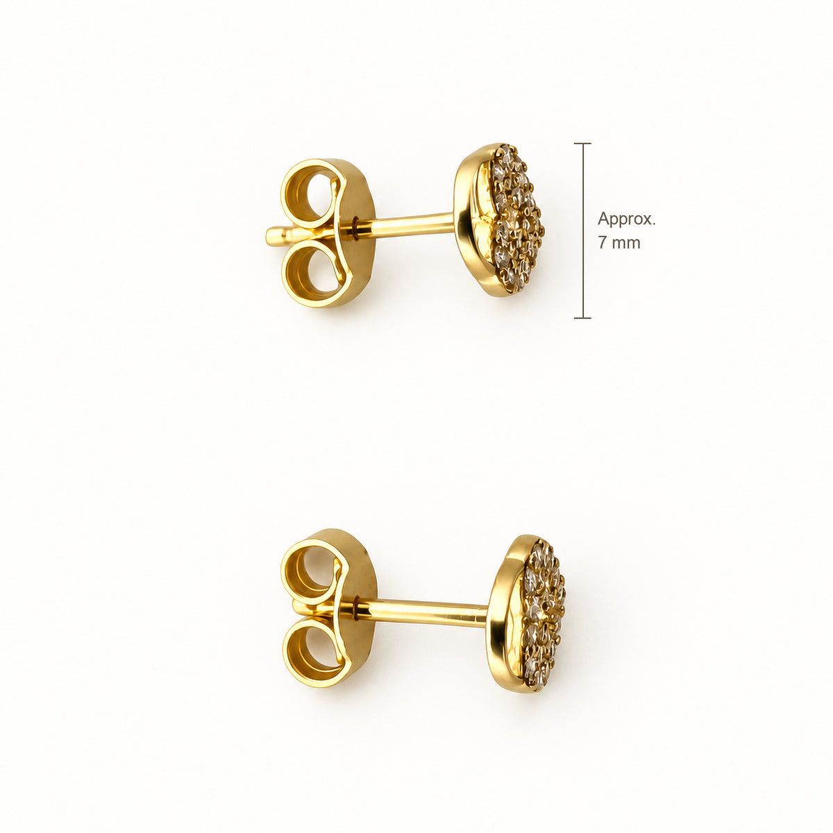 14K Gold Open Heart CZ Stud Earrings — top, approximate size reference