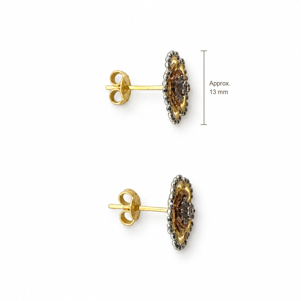 14K Gold Multi-Tone Floral Stud Earrings — top, approximate size reference