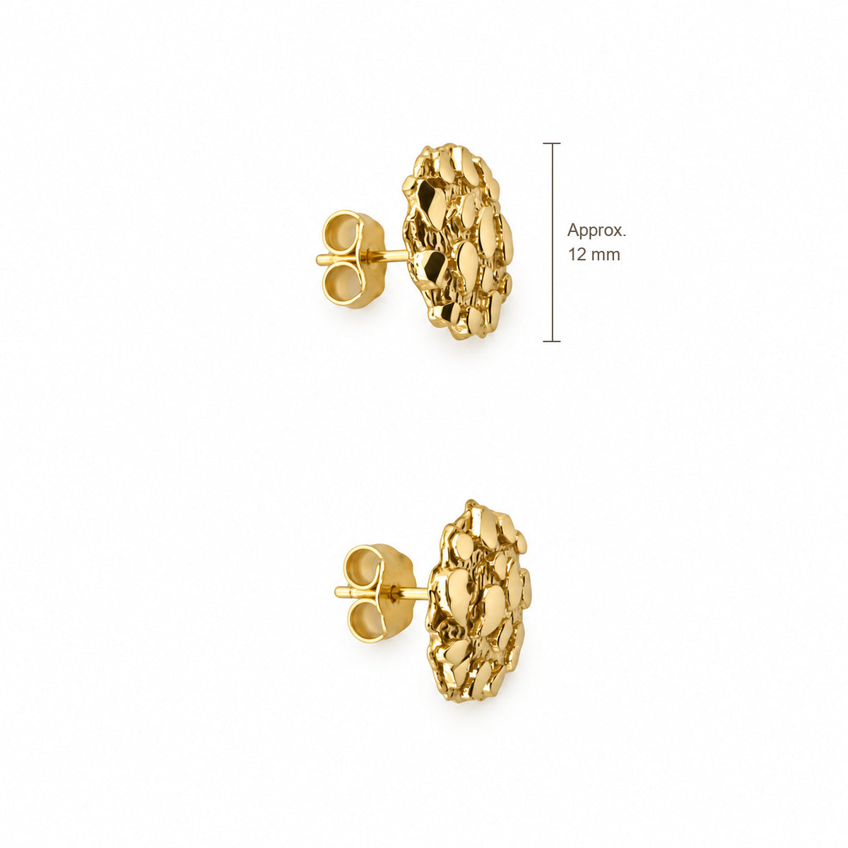 14K Gold Textured Openwork Stud Earrings — top, approximate size reference