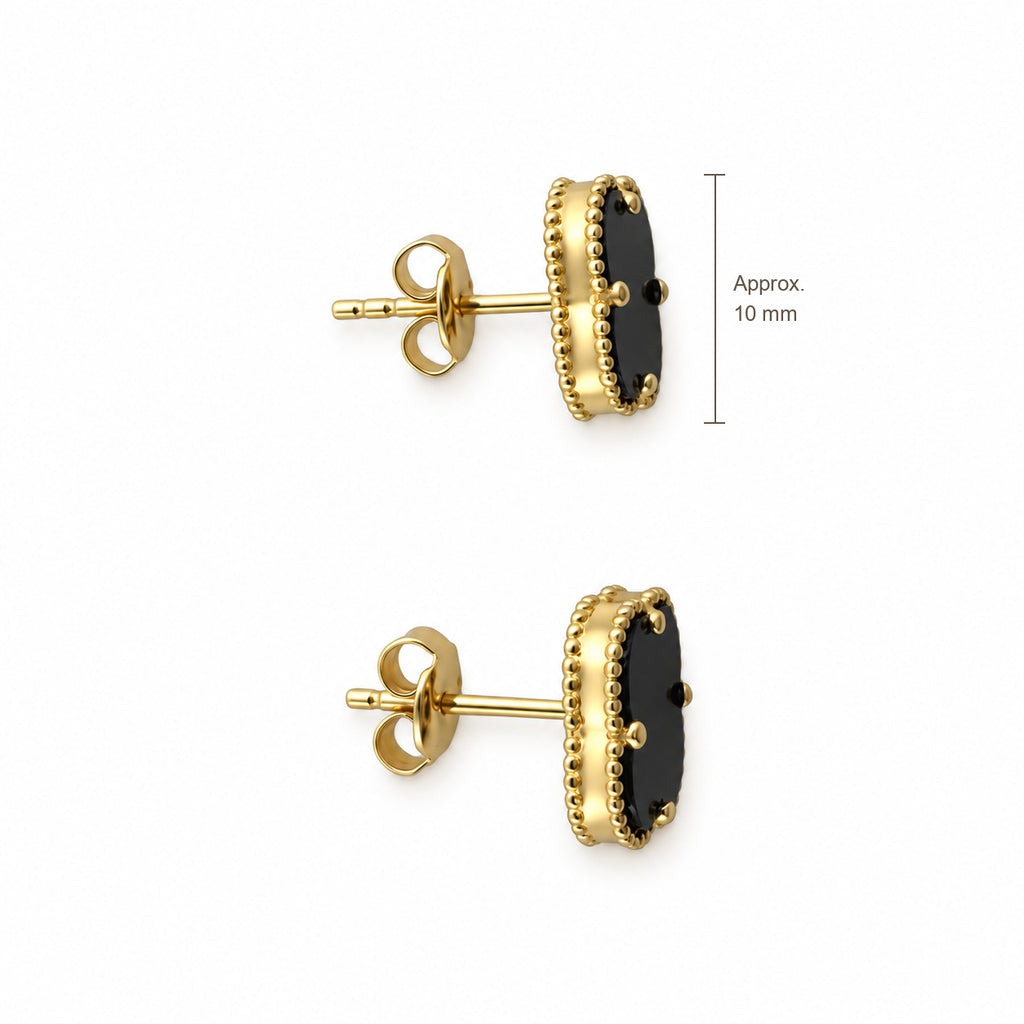14K Gold Black Clover Stud Earrings — top, approximate size reference