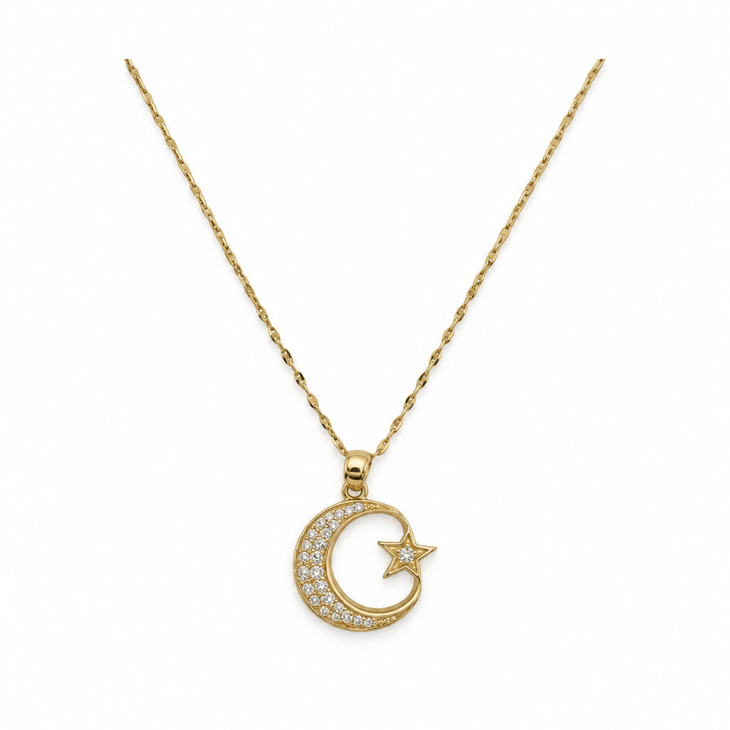 14K Gold Crescent Moon and Star CZ Necklace — overall