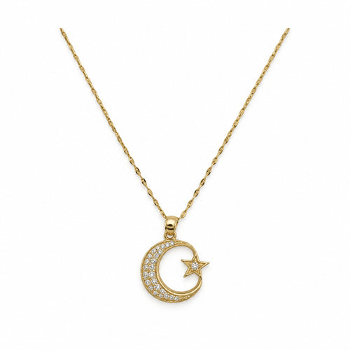 14K Gold Crescent Moon and Star CZ Necklace — overall