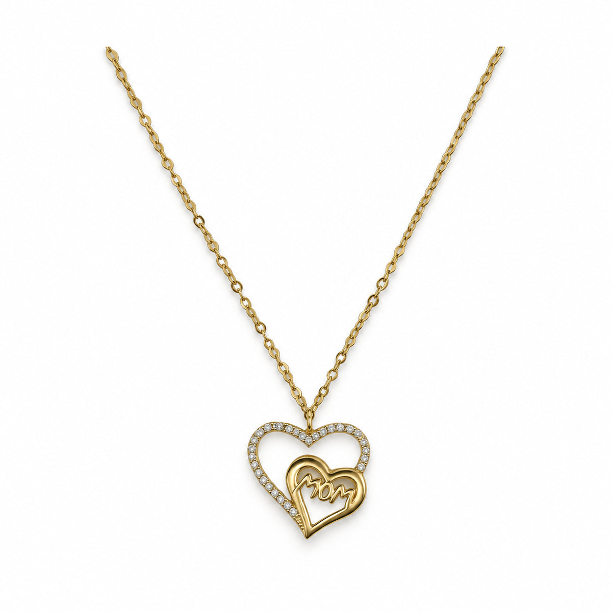 14K Gold Mom Double Heart CZ Necklace — overall