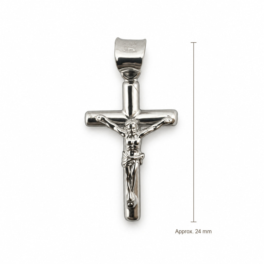 14K Gold Polished Crucifix Pendant, front view with approximate 24 mm total length including bail