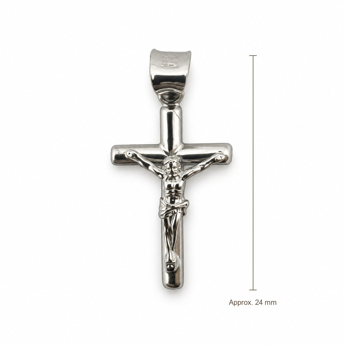 14K Gold Polished Crucifix Pendant, front view with approximate 24 mm total length including bail