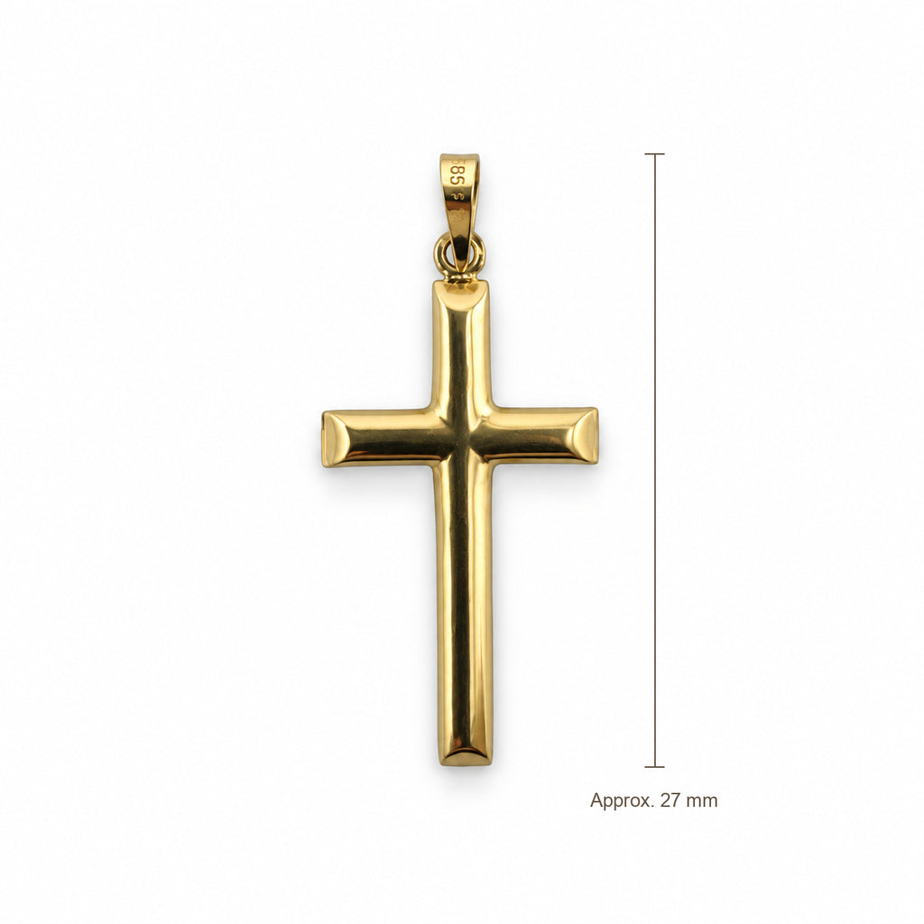 14K Gold Classic Cross Pendant, front view with approximate 27 mm total length including bail