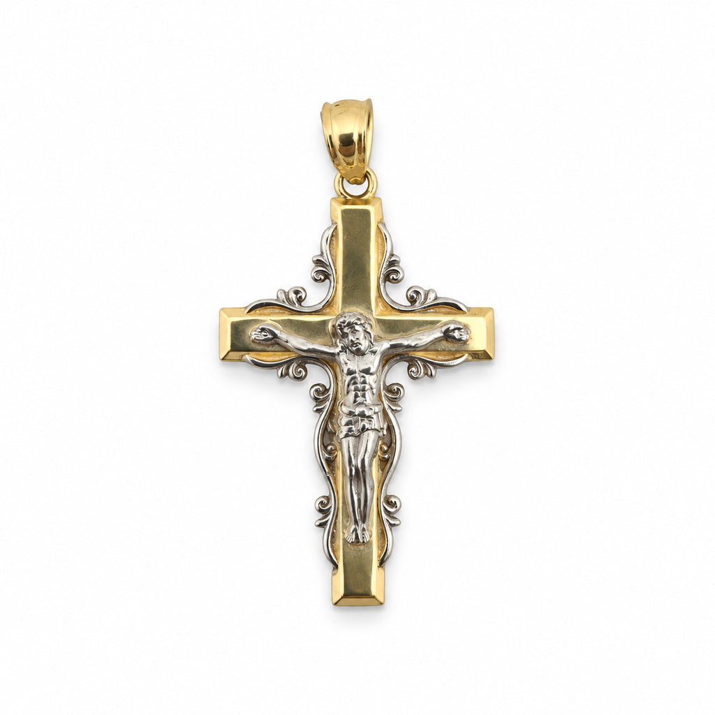 14K Gold Ornate Two-Tone Crucifix Pendant, front view