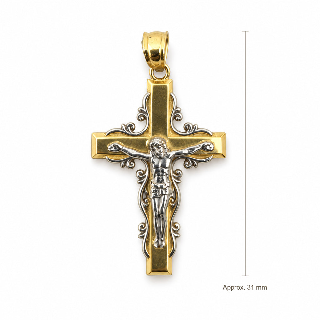 14K Gold Ornate Two-Tone Crucifix Pendant, front view with approximate 31 mm total length including bail