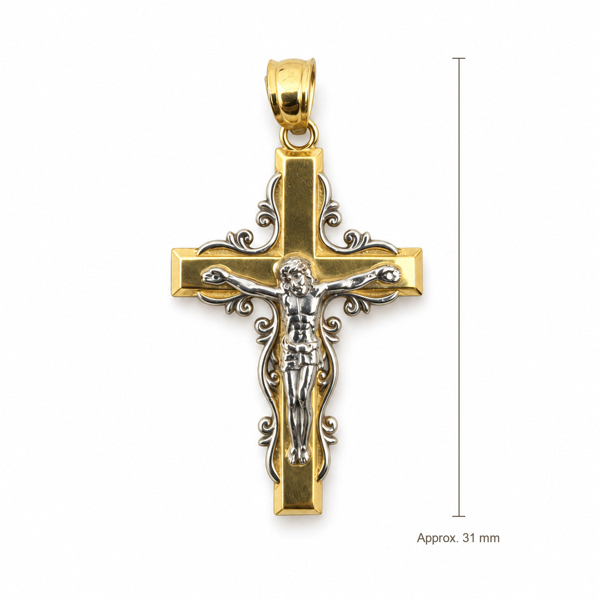 14K Gold Ornate Two-Tone Crucifix Pendant, front view with approximate 31 mm total length including bail