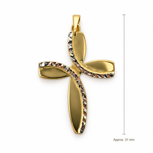 14K Gold Curved Cross Pendant, front view with approximate 31 mm total length including bail