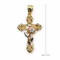14K Gold Ornate Rose Cross CZ Pendant, front view with approximate 39 mm total length including bail