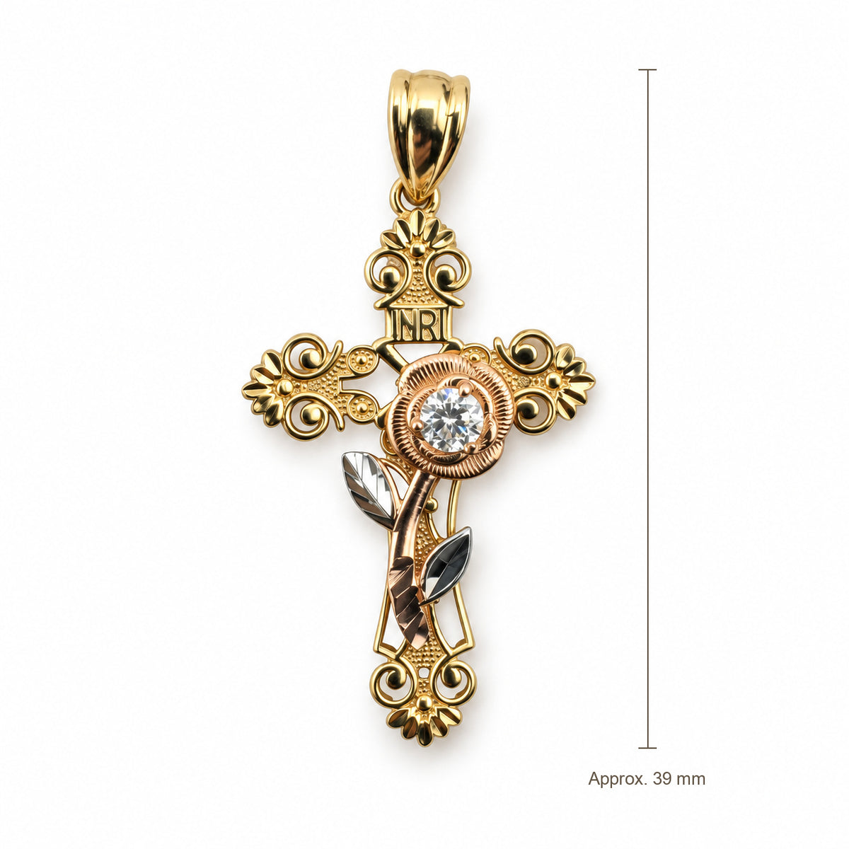 14K Gold Ornate Rose Cross CZ Pendant, front view with approximate 39 mm total length including bail