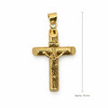 14K Gold Rounded Crucifix Pendant, front view with approximate 35 mm total length including bail