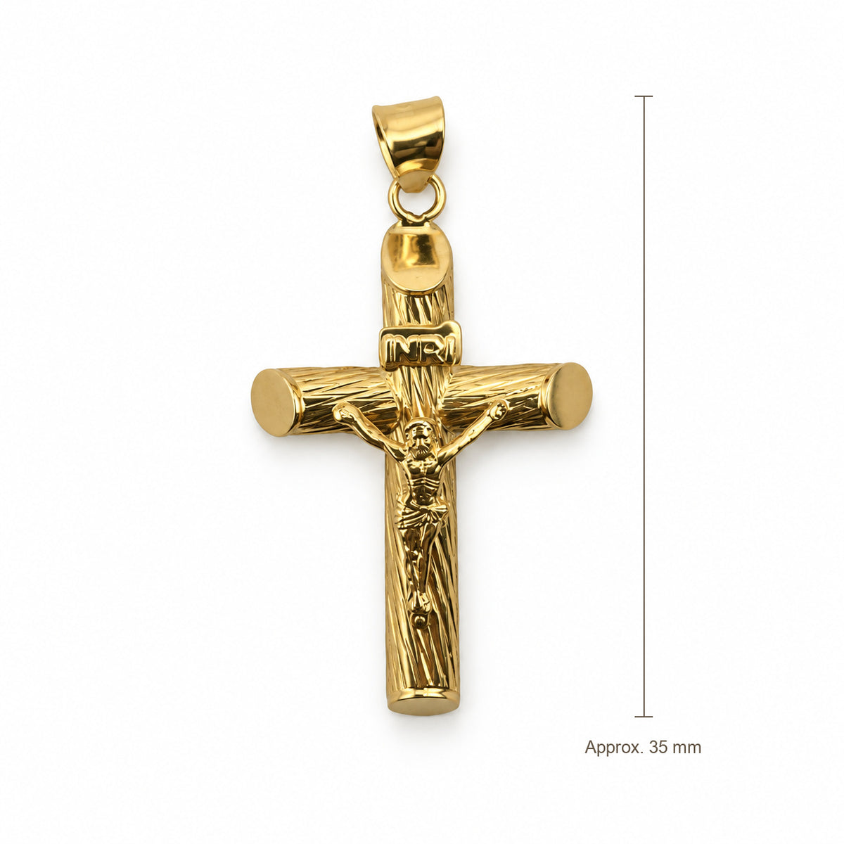 14K Gold Rounded Crucifix Pendant, front view with approximate 35 mm total length including bail