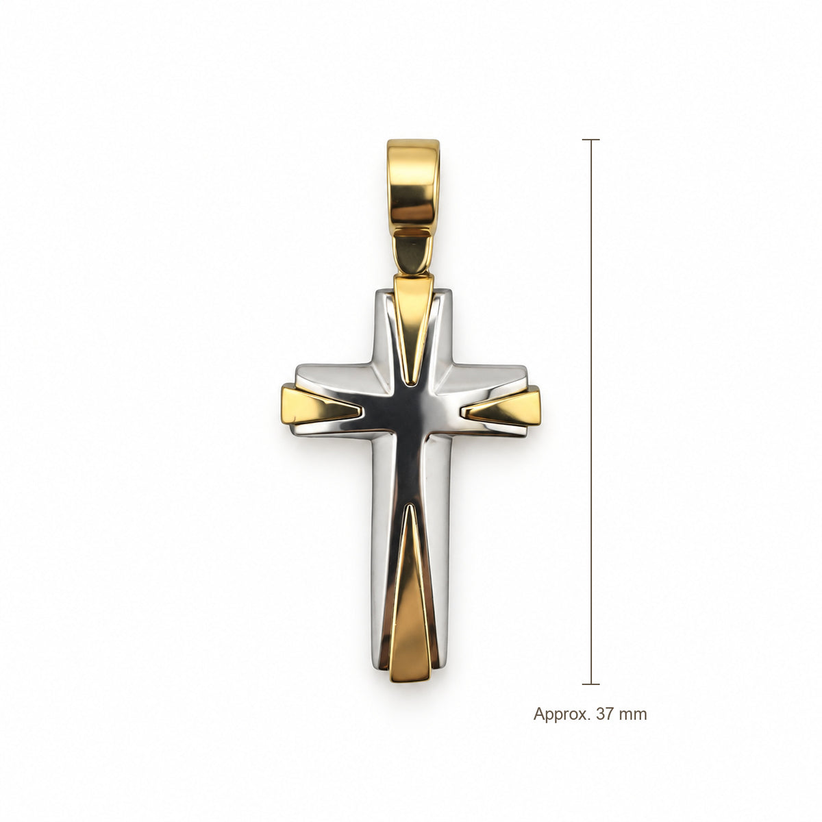 14K Gold Faceted Cross Pendant, front view with approximate 37 mm total length including bail