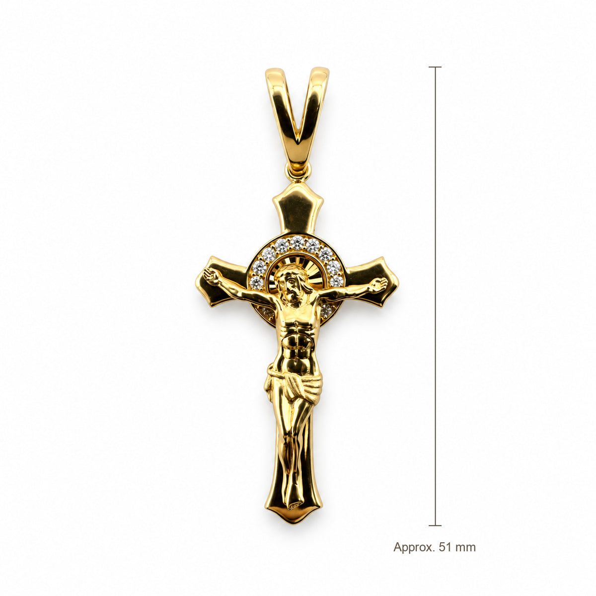 14K Gold Halo Crucifix CZ Pendant, front view with approximate 51 mm total length including bail