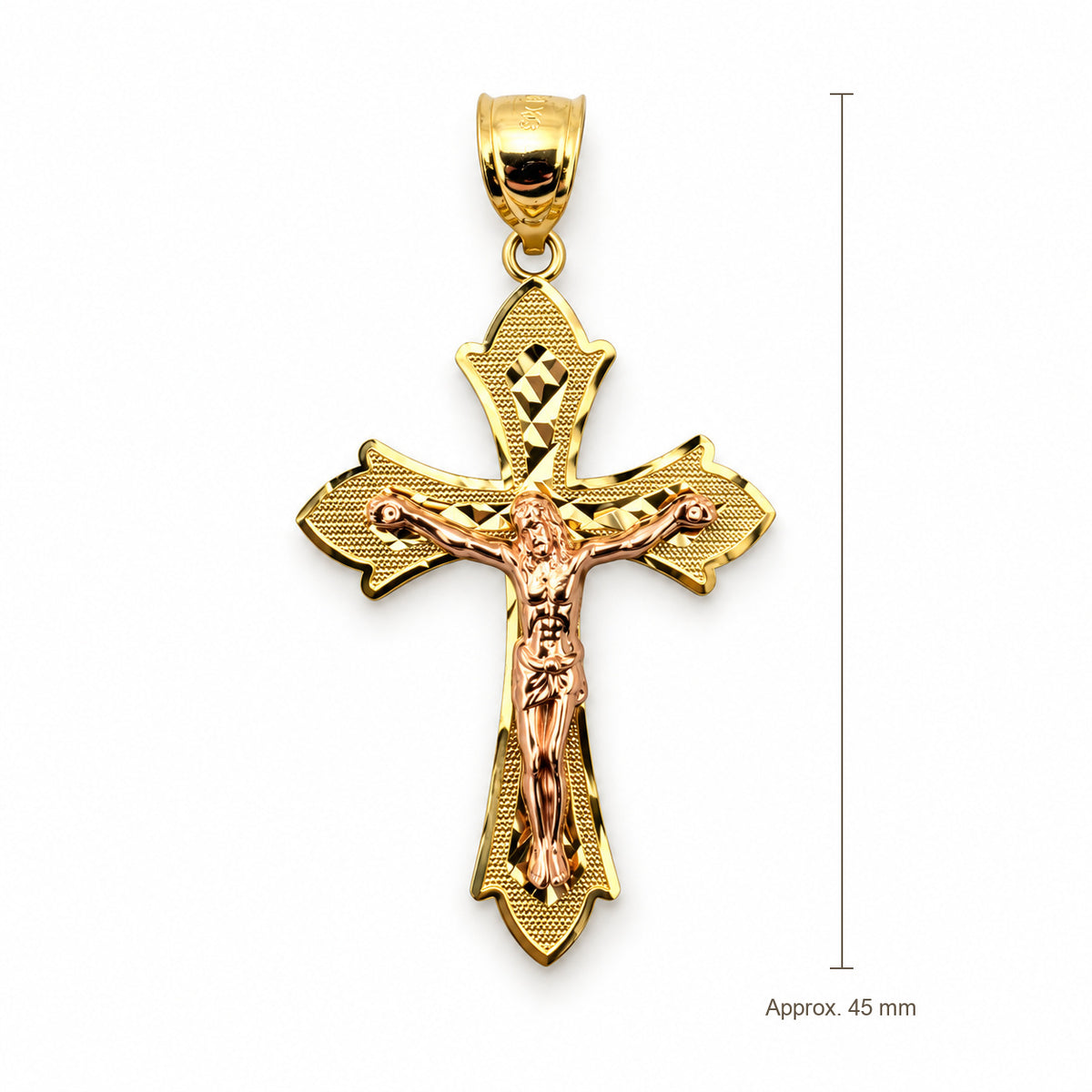14K Gold Textured Two-Tone Crucifix Pendant, front view with approximate 45 mm total length including bail