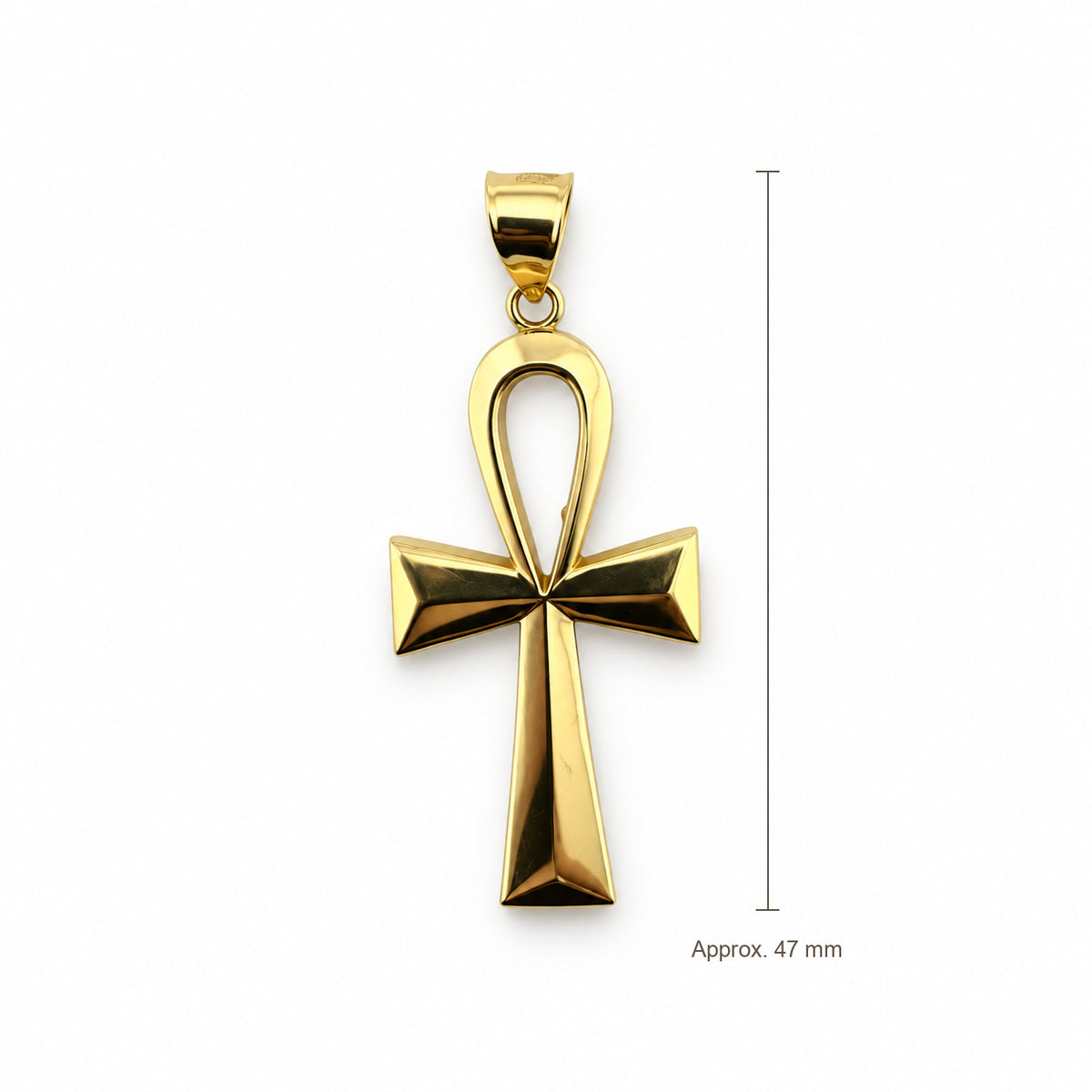 14K Gold Ankh Pendant, front view with approximate 47 mm total length including bail
