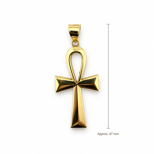 14K Gold Ankh Pendant, front view with approximate 47 mm total length including bail