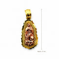 14K Gold Our Lady of Guadalupe Pendant, front view with approximate 21 mm total length including bail