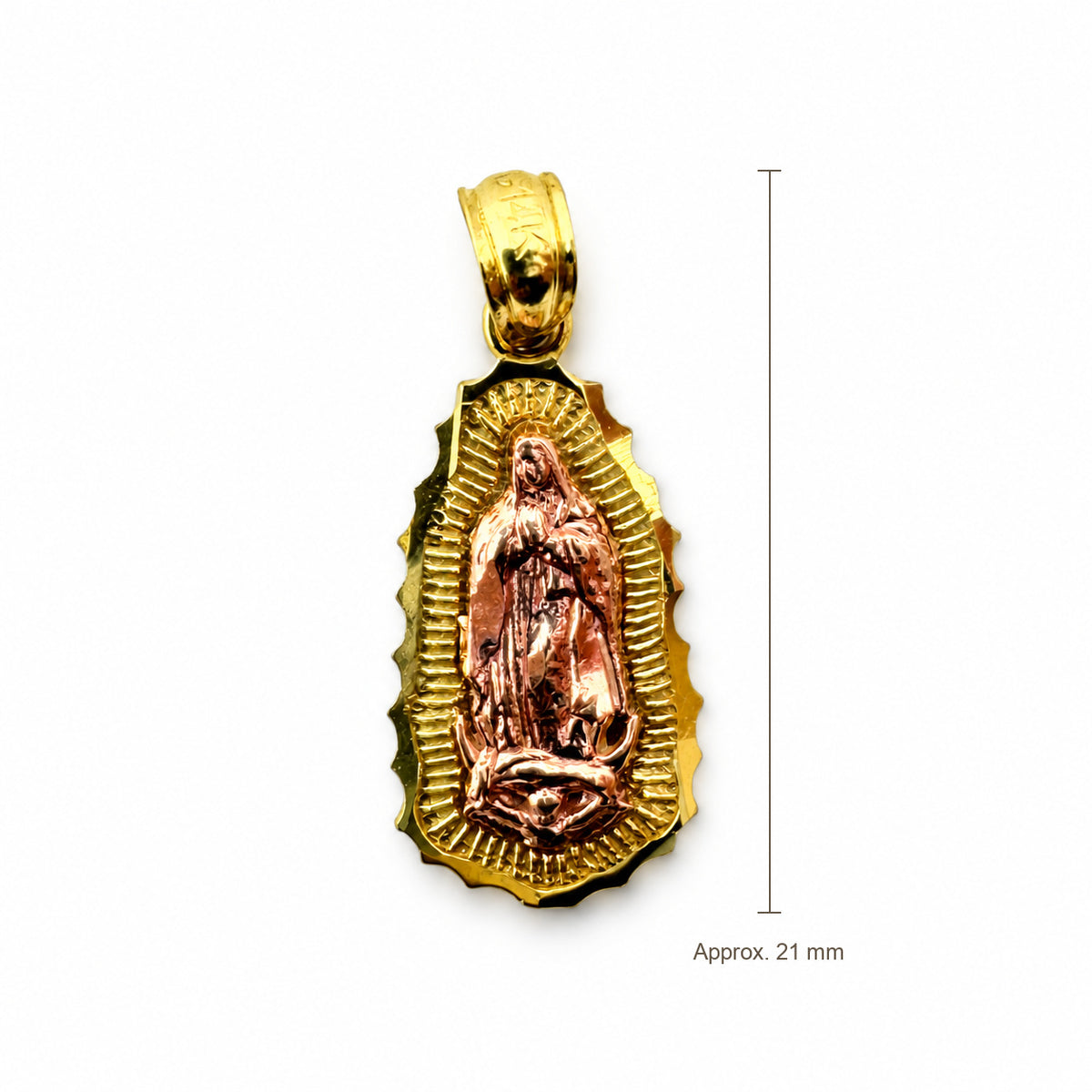 14K Gold Our Lady of Guadalupe Pendant, front view with approximate 21 mm total length including bail