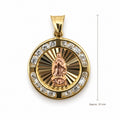 14K Gold Round Our Lady of Guadalupe CZ Pendant, front view with approximate 22 mm total length including bail
