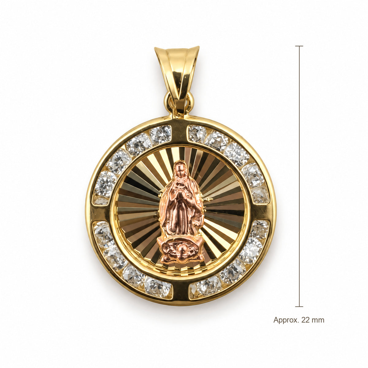 14K Gold Round Our Lady of Guadalupe CZ Pendant, front view with approximate 22 mm total length including bail