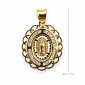 14K Gold Lace Border Our Lady of Guadalupe CZ Pendant, front view with approximate 24 mm total length including bail