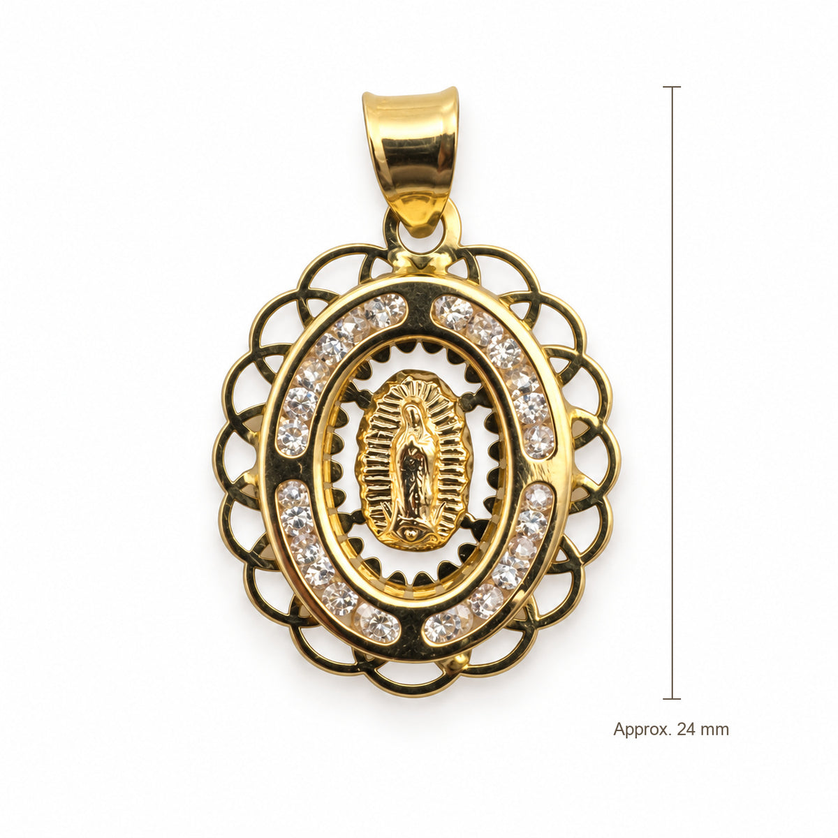 14K Gold Lace Border Our Lady of Guadalupe CZ Pendant, front view with approximate 24 mm total length including bail