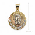 14K Gold Scalloped Our Lady of Guadalupe CZ Pendant, front view with approximate 25 mm total length including bail