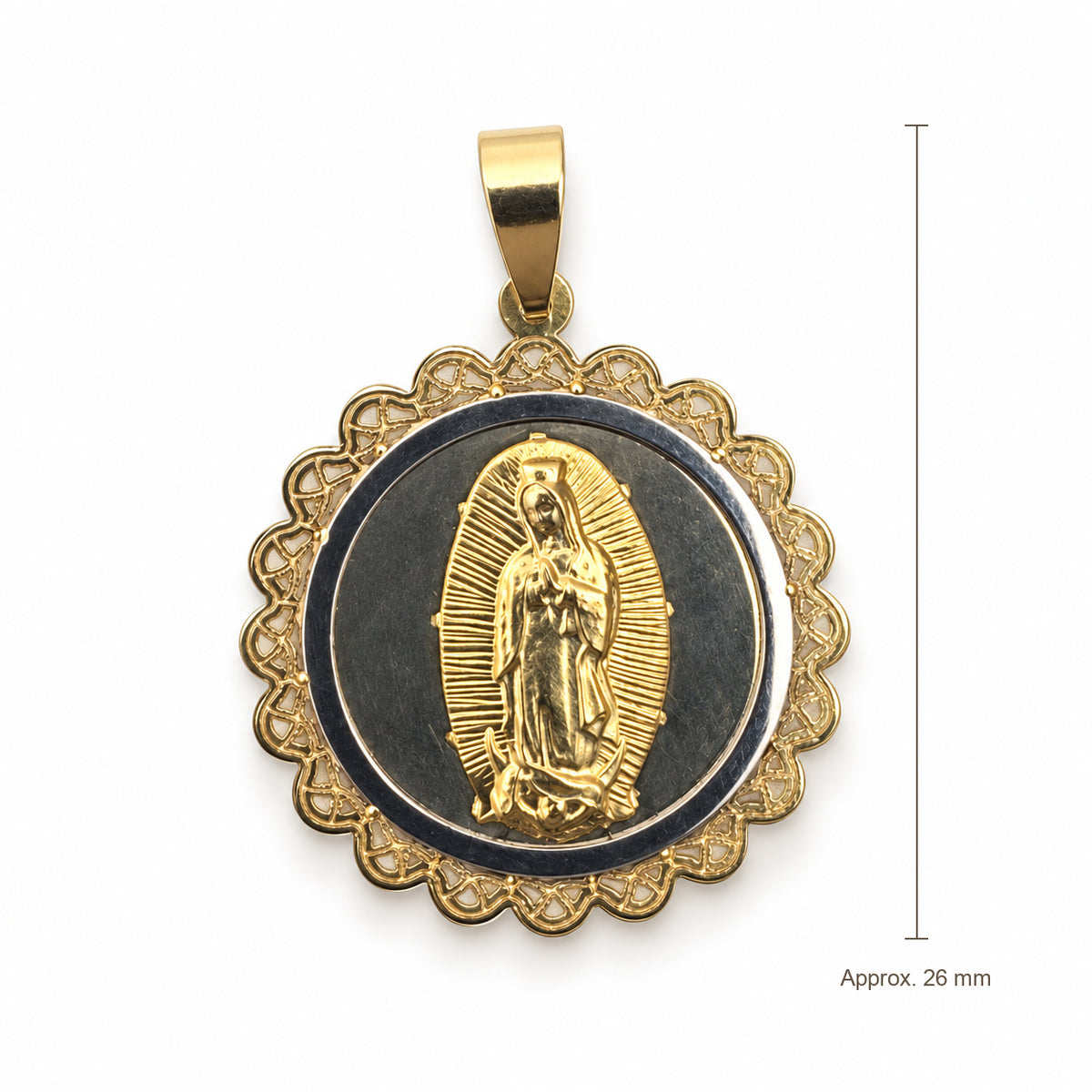 14K Gold Scalloped Our Lady of Guadalupe Medallion Pendant, front view with approximate 26 mm total length including bail