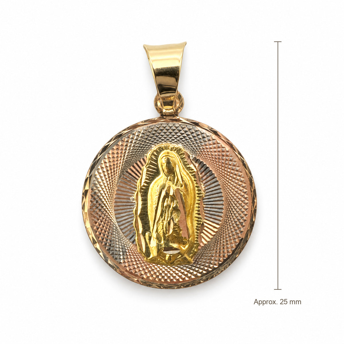 14K Gold Faceted Round Our Lady of Guadalupe Pendant, front view with approximate 25 mm total length including bail