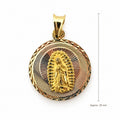 14K Gold Rope Border Our Lady of Guadalupe Pendant, front view with approximate 29 mm total length including bail