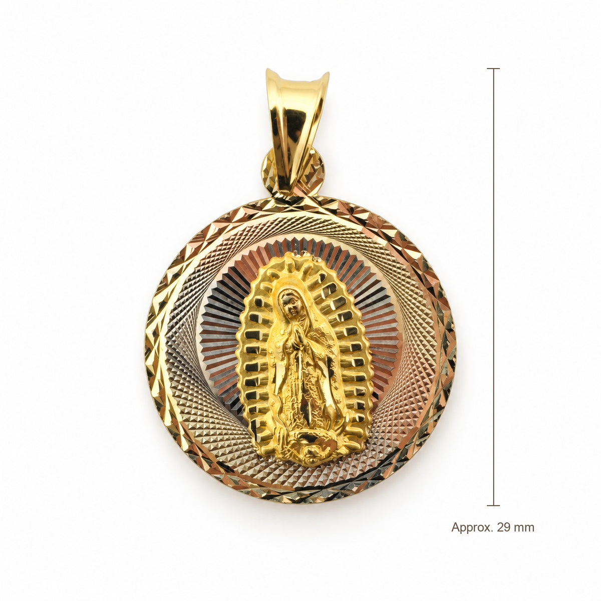 14K Gold Rope Border Our Lady of Guadalupe Pendant, front view with approximate 29 mm total length including bail