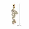 14K Gold Love Script CZ Pendant, front view with approximate 31 mm total length including bail
