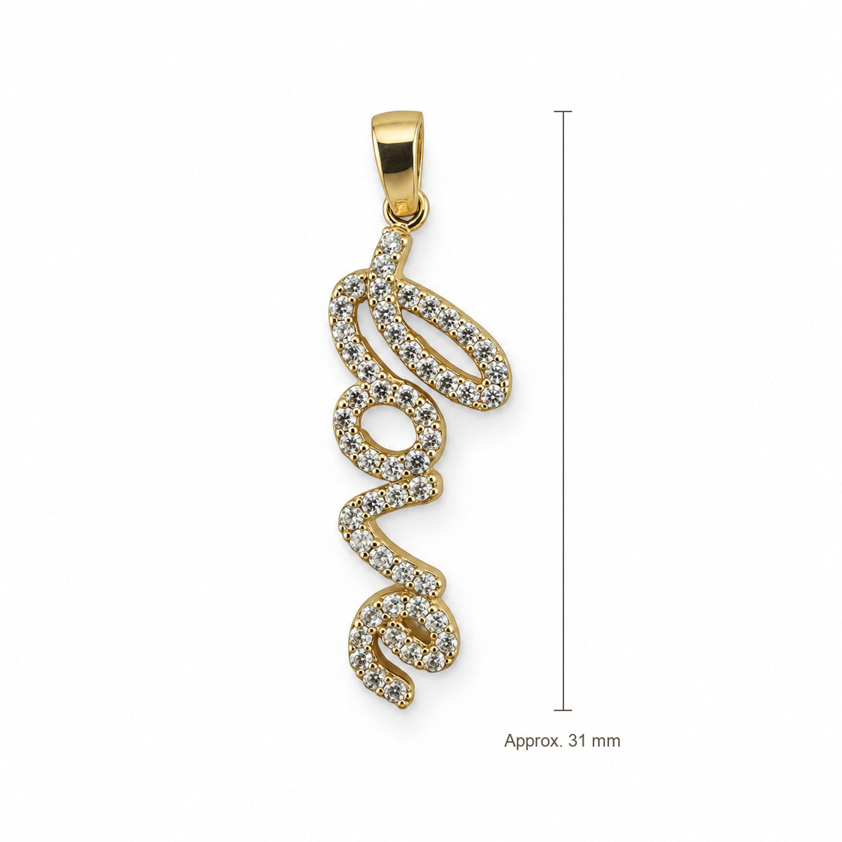14K Gold Love Script CZ Pendant, front view with approximate 31 mm total length including bail