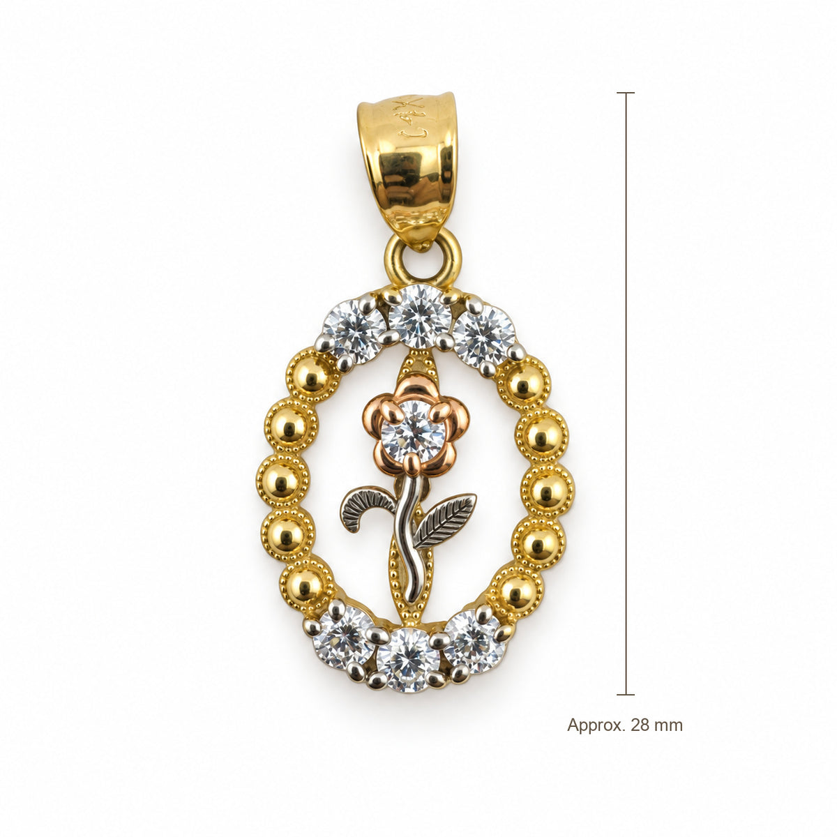 14K Gold Oval Rose CZ Pendant, front view with approximate 28 mm total length including bail