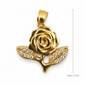 14K Gold Rose and CZ Leaf Pendant, front view with approximate 21 mm total length including bail