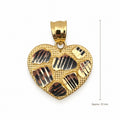 14K Gold Patterned Heart Pendant, front view with approximate 23 mm total length including bail