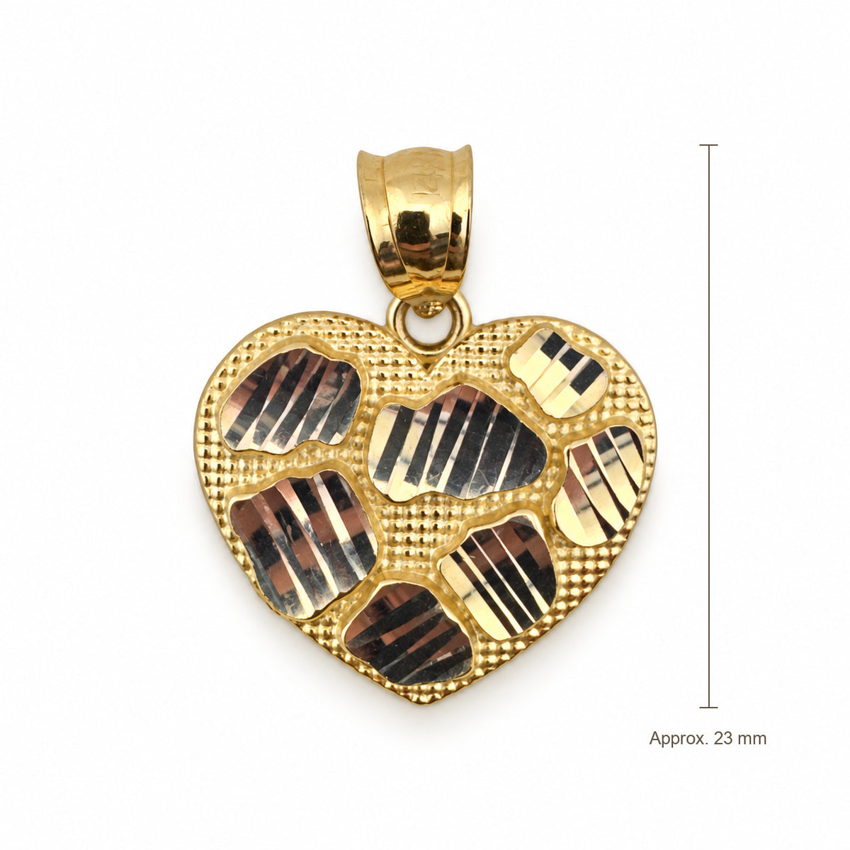 14K Gold Patterned Heart Pendant, front view with approximate 23 mm total length including bail