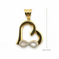 14K Gold Open Heart and Infinity CZ Pendant, front view with approximate 28 mm total length including bail
