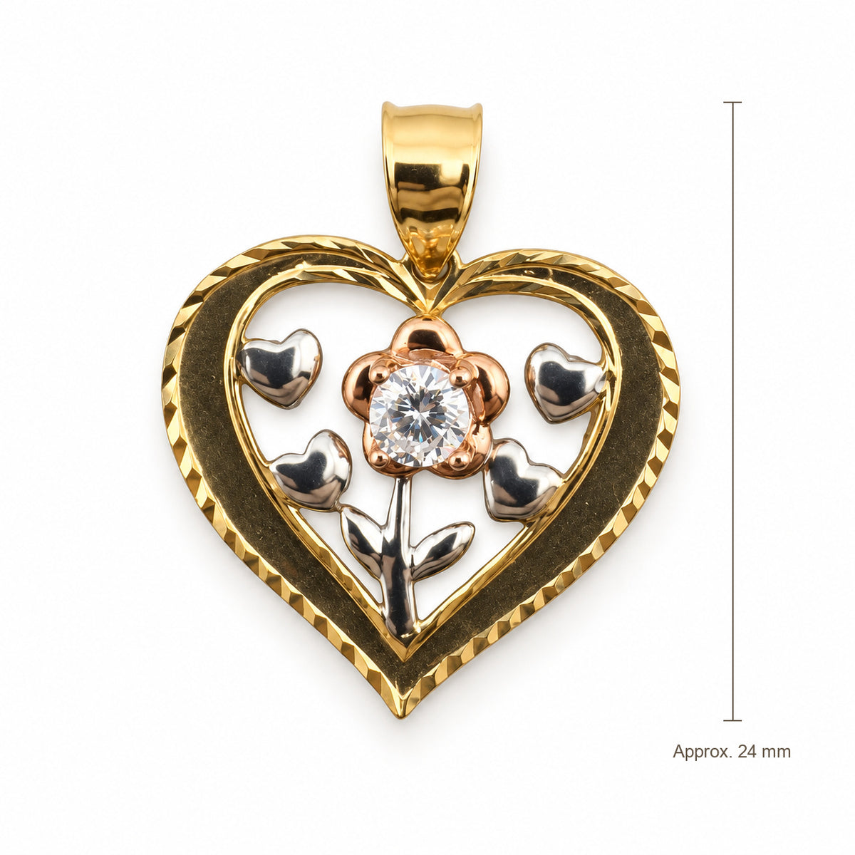14K Gold Open Heart Floral CZ Pendant, front view with approximate 24 mm total length including bail