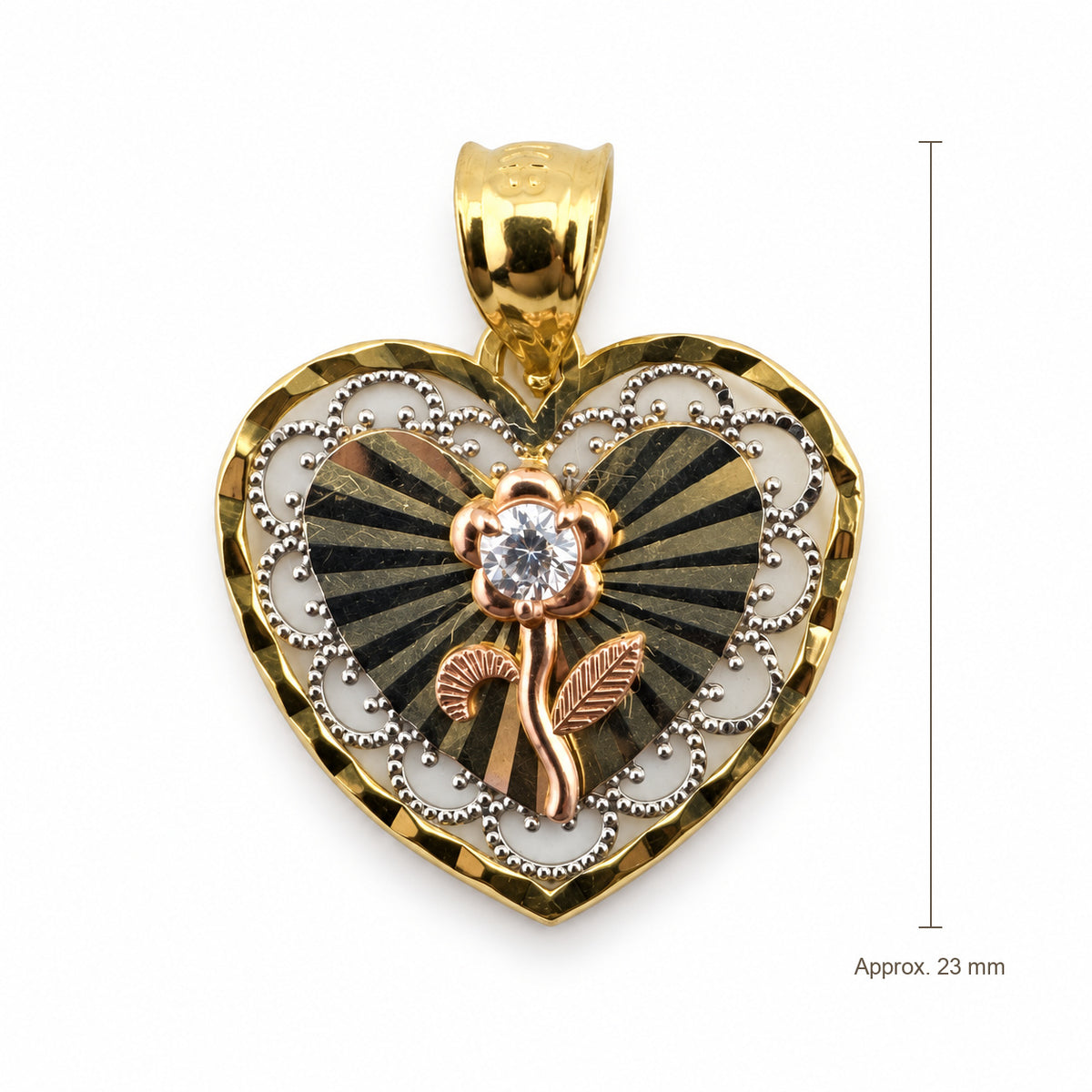 14K Gold Radiant Heart Rose CZ Pendant, front view with approximate 23 mm total length including bail