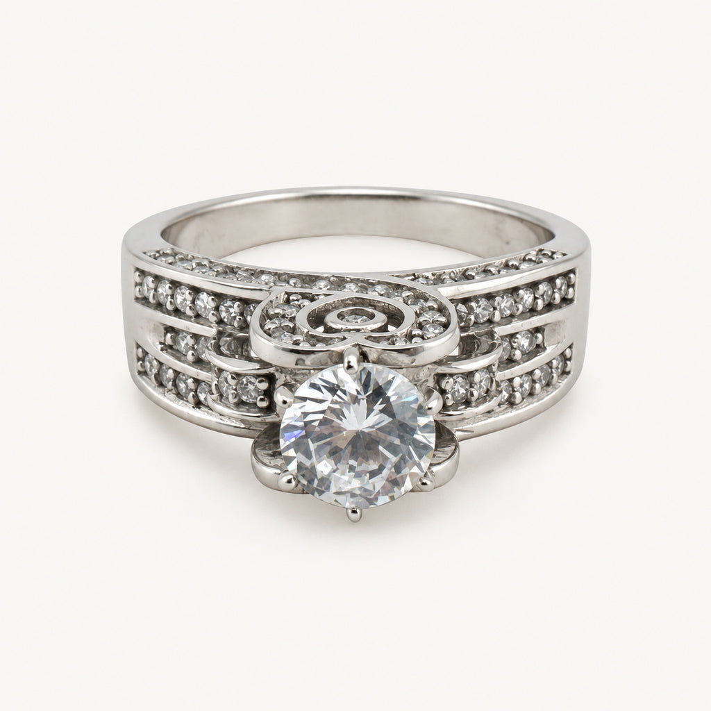 14K Gold Round Stone Scroll-Detail Ring — front view