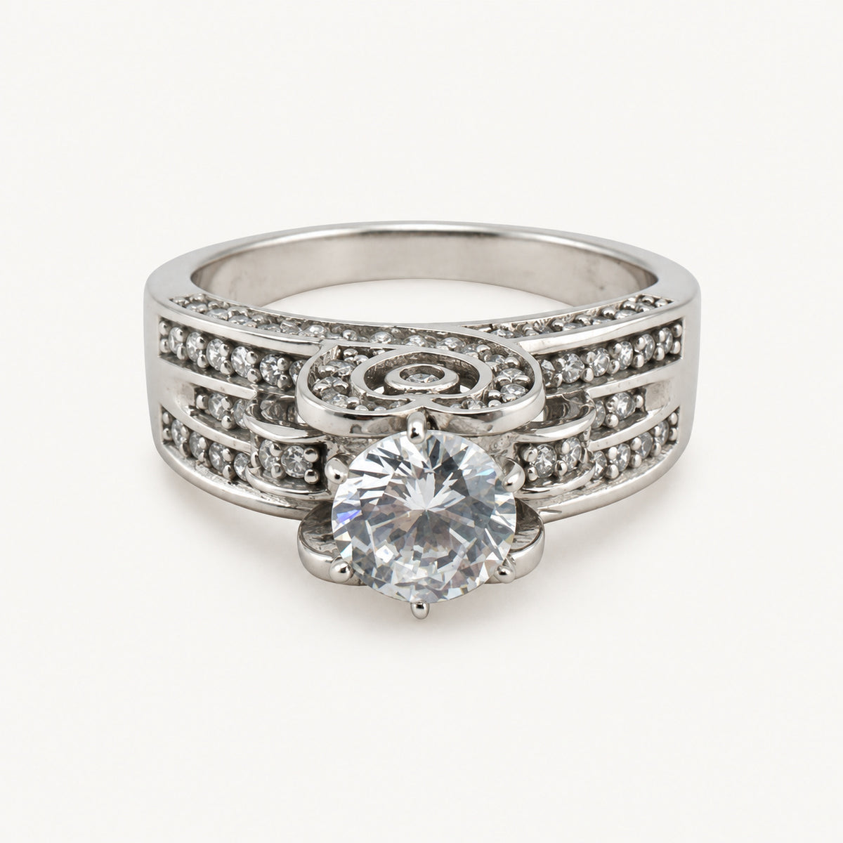 14K Gold Round Stone Scroll-Detail Ring — front view