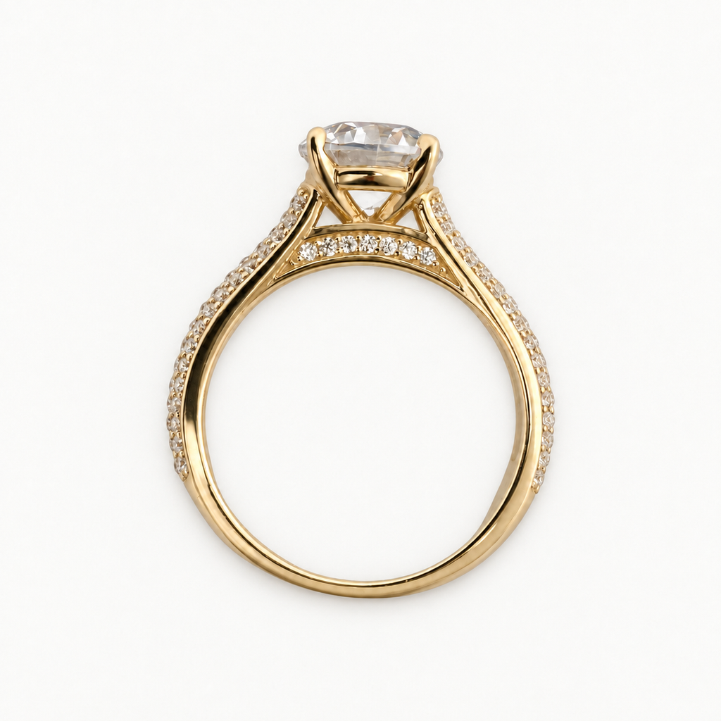 14K Gold Round Stone Pavé-Style Ring — profile view