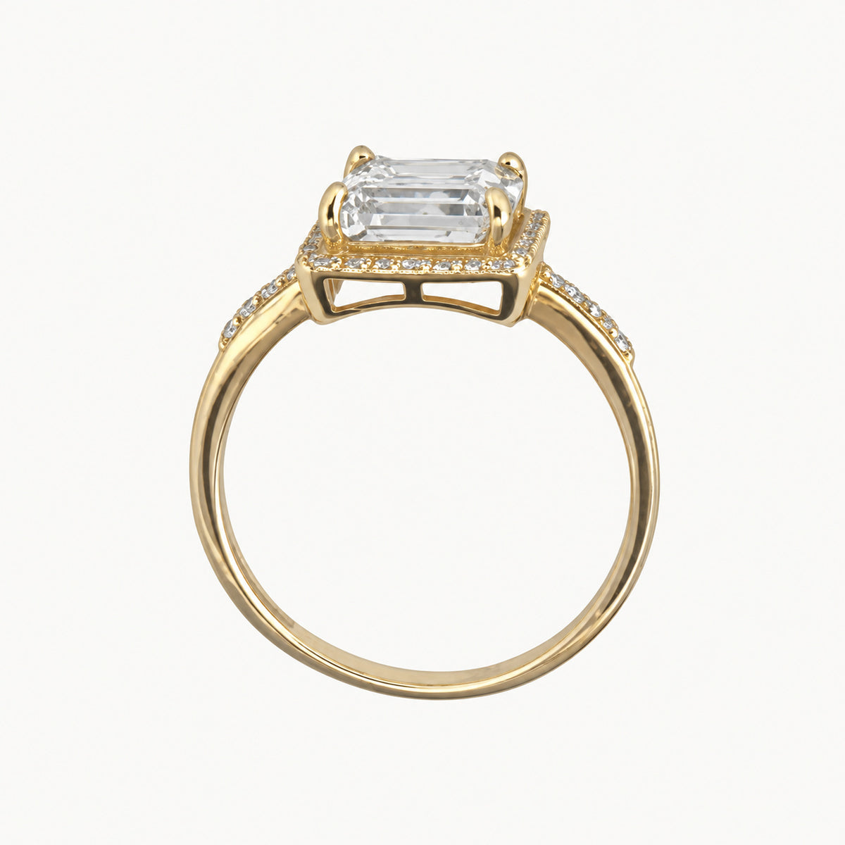 14K Gold Rectangular Halo Ring — profile view